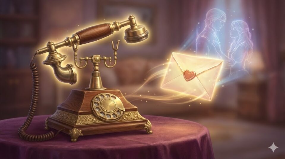 夢占い 恋の進展のサイン。アンティークな電話機と、そこから飛び出す光るラブレター、背景にはカップルの影が浮かぶロマンチックなイラスト。