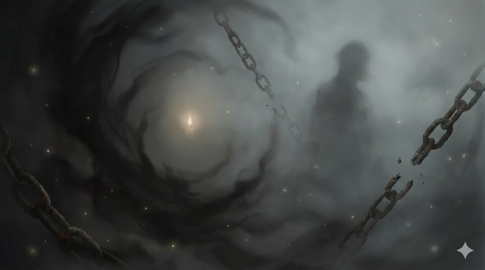 夢占い 妊娠 トラブル 流産 中絶 相手不明 不安を象徴する暗い影が生命の輝きを覆い隠そうとする様子や、途切れた鎖、霧に包まれたシルエットなど、不確かな状況を表す抽象的なデジタルアート。