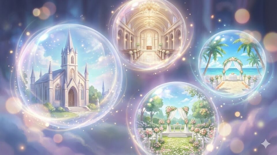 夢占い 結婚式の場所(教会、式場、海外、屋外)を象徴する幻想的なスノードームのイラスト