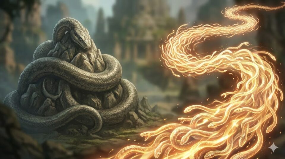 夢占い 蛇 数 状態 巨大な石化した蛇と無数の光る蛇の群れの対比を描いた幻想的なイラスト