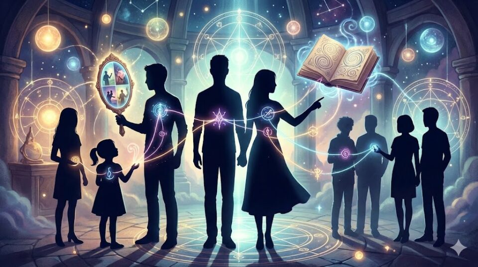 知らない人の夢の意味【原因・対象別】の挿絵。複数の人物のシルエットが、魔法の鏡や本、光の糸で結ばれている神秘的なイラスト。