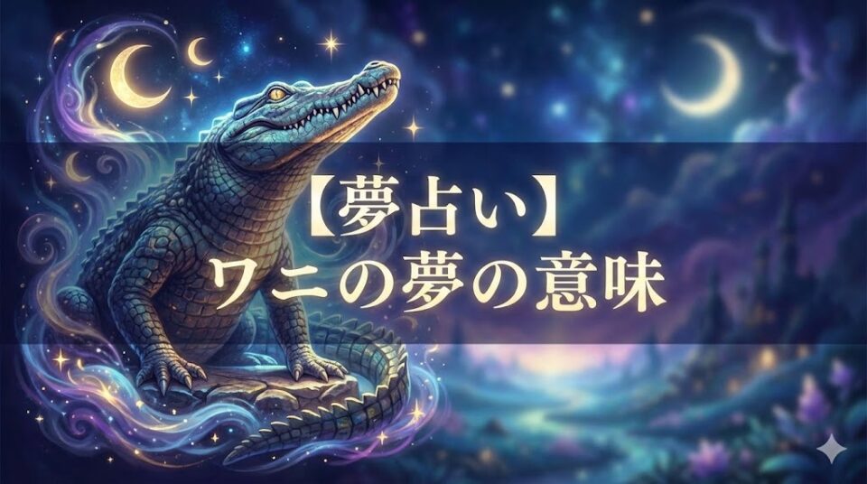 夢占いの記事「ワニの夢の意味」のアイキャッチ画像。幻想的な夜空の下、魔法の光に包まれたワニの彫像が岩の上に座っている。中央に「【夢占い】ワニの夢の意味」という白い文字が配置されている。
