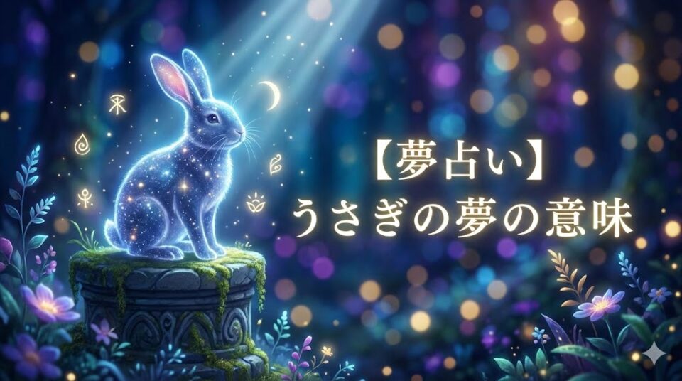 夢占いの記事「うさぎの夢の意味」のアイキャッチ画像。幻想的な夜の森で、星屑と月光でできた神秘的なうさぎが苔むした台座に座っている。