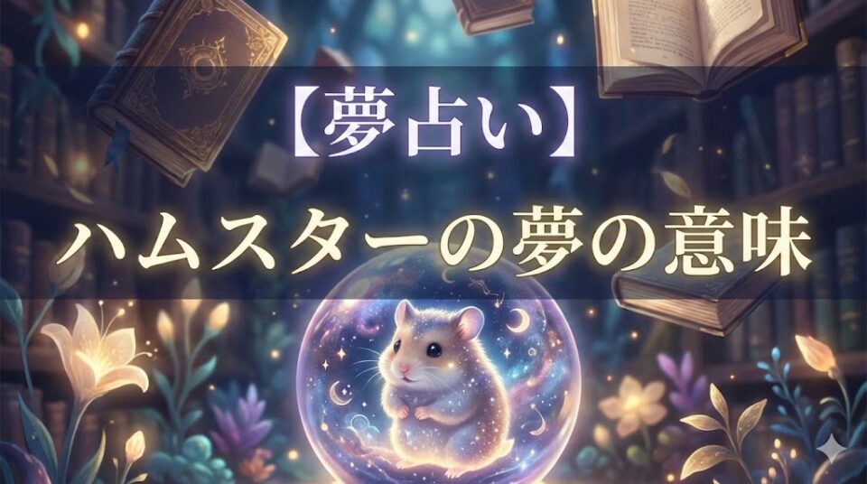 夢占い ハムスターの夢の意味 タイトル文字入り 幻想的な水晶玉と魔法の図書館のイラスト