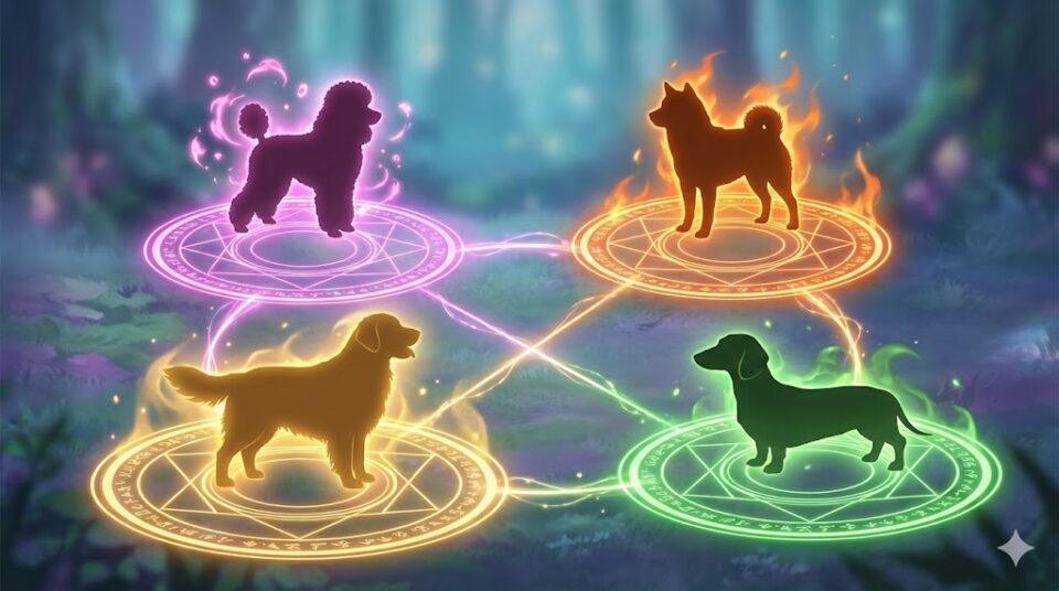 夢占い 犬 種類 性格 トイプードル、柴犬、ゴールデンレトリバー、ダックスフンドのシルエットが魔法陣に浮かぶイラスト