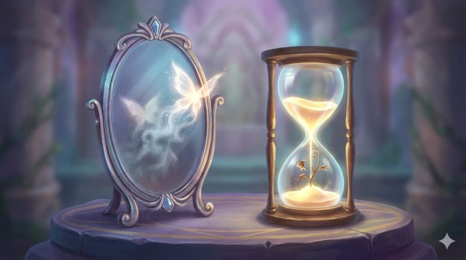 夢占い 夢の結末。蝶が霧となって消える(逃げられる・見失う)魔法の鏡と、枯れた植物が再生する(生き返る)砂時計が並ぶ静物画イラスト。