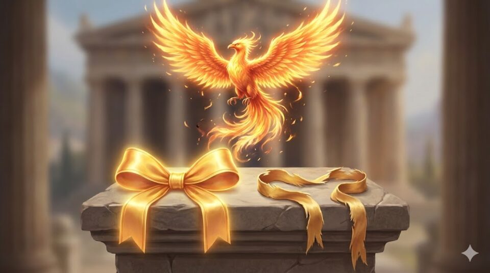 夢占い 恋の結末。綺麗に結ばれた金色のリボンと、解けて千切れたリボン、そして再生を象徴する炎のフェニックスが描かれたイラスト。