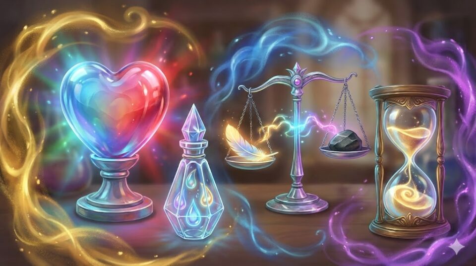 夢占い 異性 感情 状況 変化する色のハートと涙の瓶 天秤 砂時計の幻想的な静物画