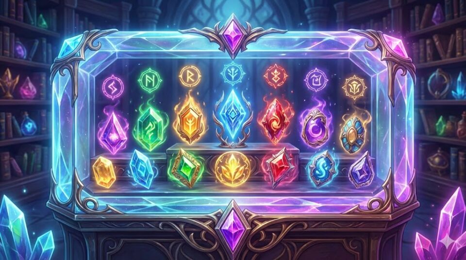 夢占い 友達の夢 種類 特徴 魔法の宝石とルーン文字が並ぶショーケースのイラスト