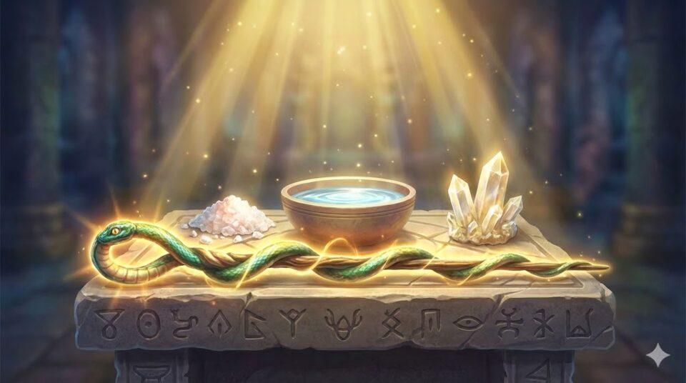 夢占い 蛇 開運 儀式 蛇の杖、水、塩、水晶が置かれた祭壇に光が降り注ぐ神聖な様子のイラスト
