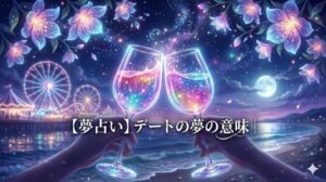 夢占い デートの夢の意味 アイキャッチ画像。幻想的な夜の海と遊園地を背景に、輝くグラスで乾杯する二人の手のイラスト。