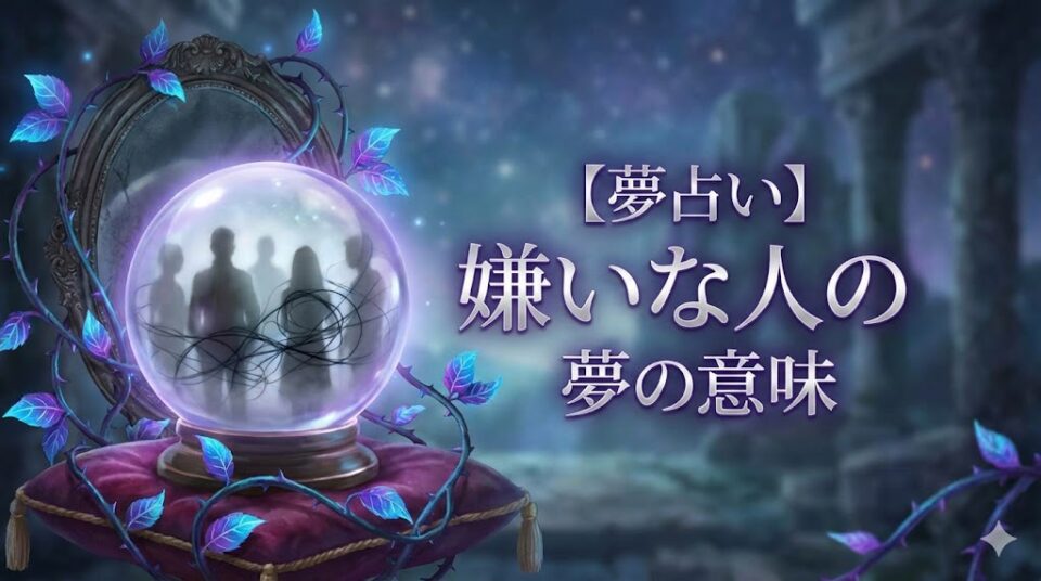 夢占い】嫌いな人の夢の意味のアイキャッチ画像。水晶玉の中に人影が映り、絡み合った黒い糸と棘のある蔦が神秘的な光を放っている幻想的なイラスト。
