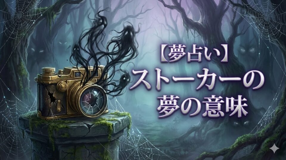 【夢占い】ストーカーの夢の意味のアイキャッチ画像。壊れたカメラから不気味な影が伸び、霧深い森の中で蜘蛛の巣に覆われている