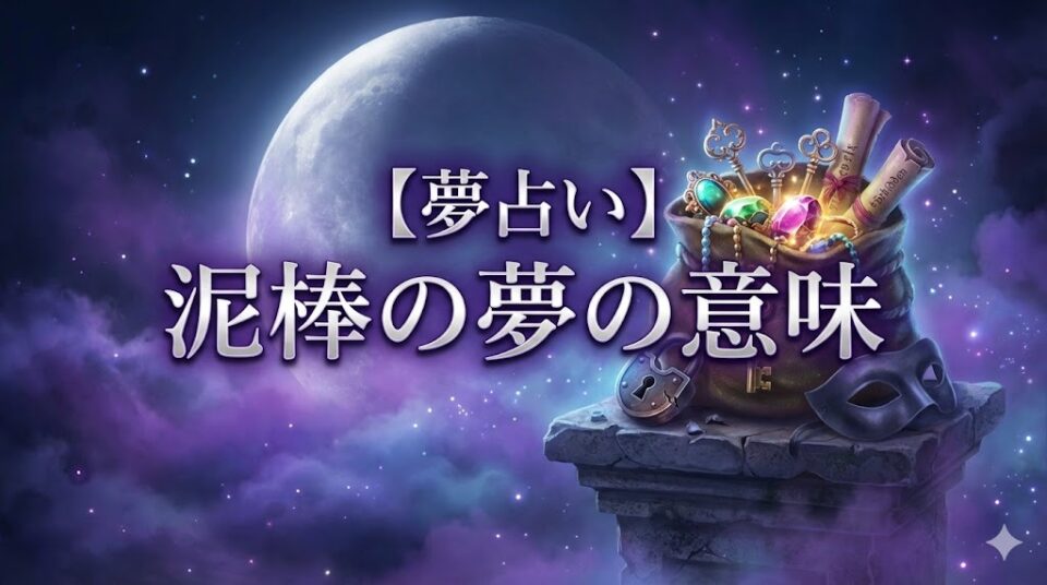 泥棒の夢の意味のアイキャッチ画像。月明かりの下、溢れんばかりの財宝が詰まった袋