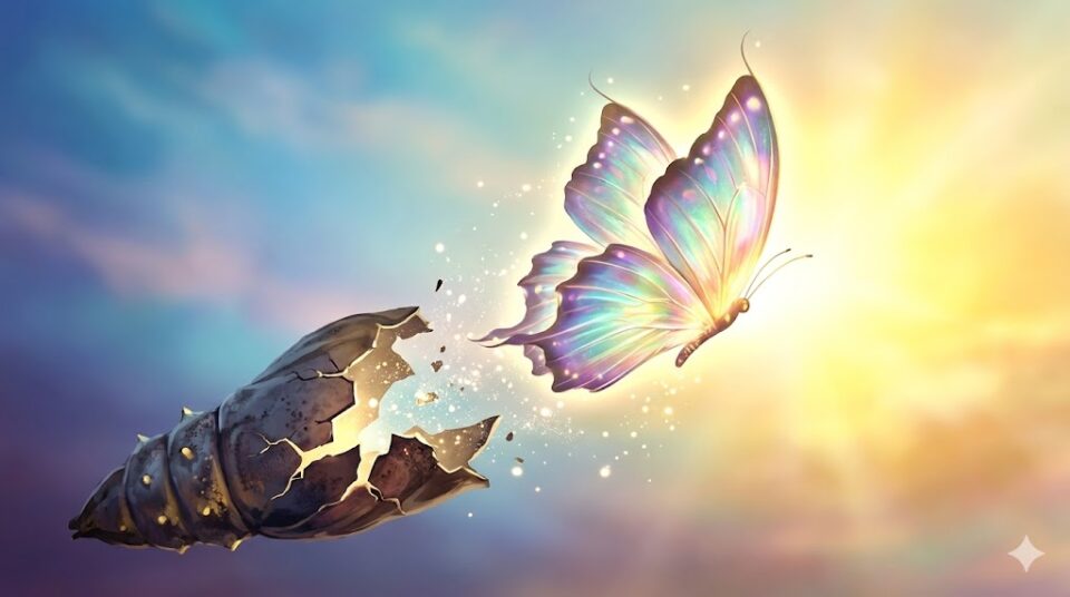 夢占い まとめ。古いサナギの殻(最悪の夢)から、光り輝く美しい蝶(最高の転機)が羽化し、希望の光に向かって飛び立つ幻想的なイラスト。