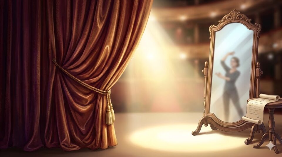 夢占い 行動のリハーサル。舞台の幕が開き、スポットライトが当たる中、鏡に映る人物が演技の練習をしている様子を描いたイラスト。