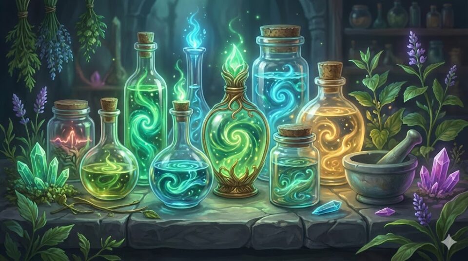 夢占い 友達の夢 健康 病気 光る薬草とポーションの瓶のイラスト