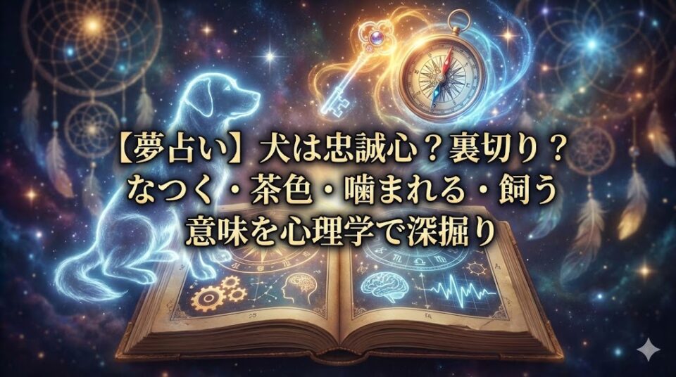 夢占い 犬 忠誠心 心理学 幻想的な犬のシルエットと羅針盤、鍵、魔導書が描かれたアイキャッチ画像