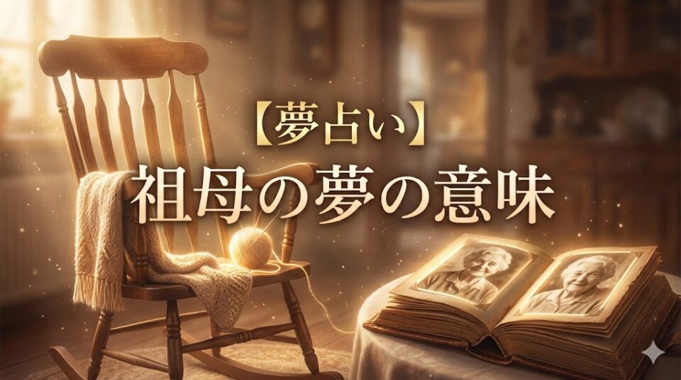 【夢占い】祖母の夢の意味のアイキャッチ画像。温かい光に包まれた古いロッキングチェアと編み物