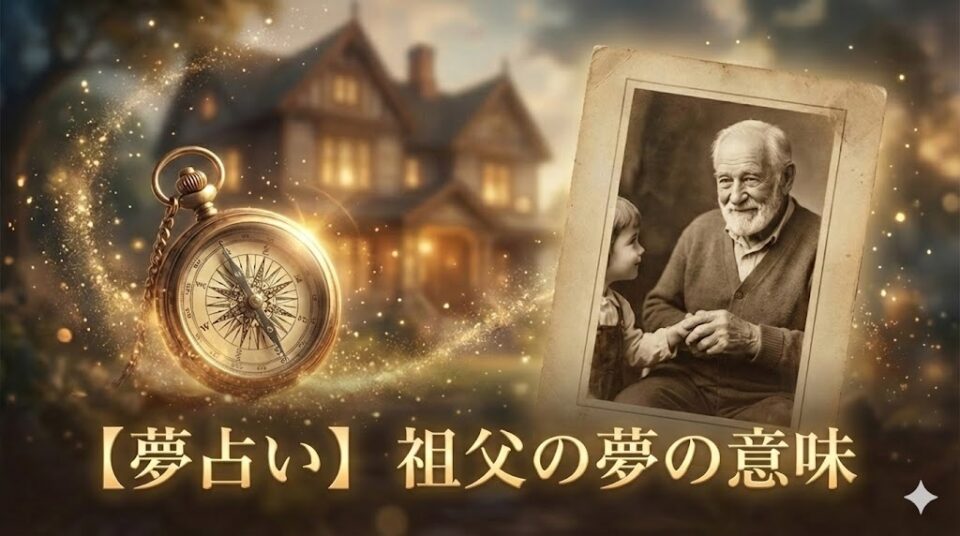 夢占い 祖父の夢の意味 懐中時計と笑顔の祖父の写真がある幻想的なアイキャッチ画像
