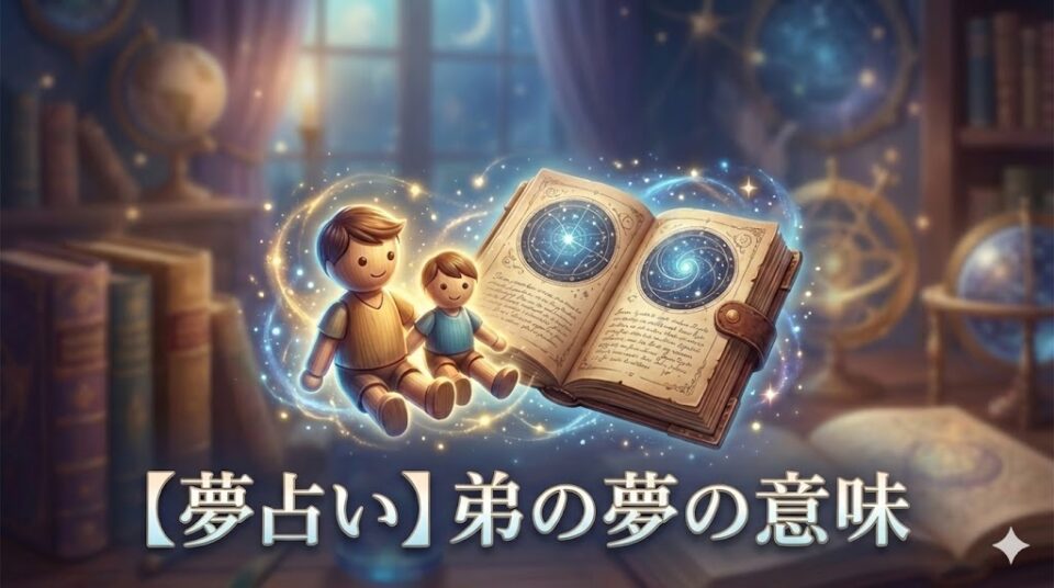 夢占い 弟の夢の意味 星図の本と寄り添う二人の木製人形が幻想的な光に包まれたアイキャッチ画像