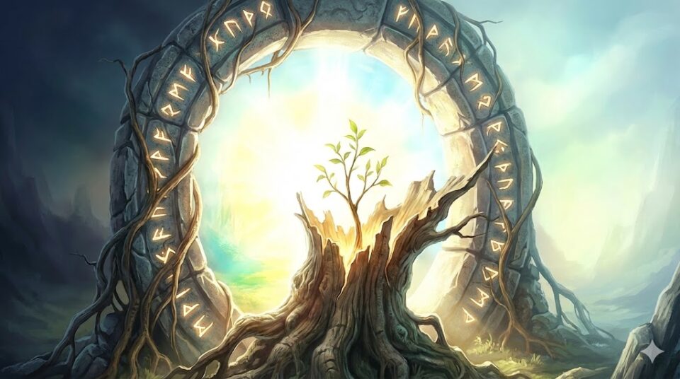 夢占い 友達の夢 結末 事件 生と死 朽ちた木から新しい芽が出る光のポータルのイラスト