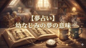 夢占い 幼なじみの夢の意味 アイキャッチ画像。屋根裏部屋で、古いアルバムの幼い二人の写真