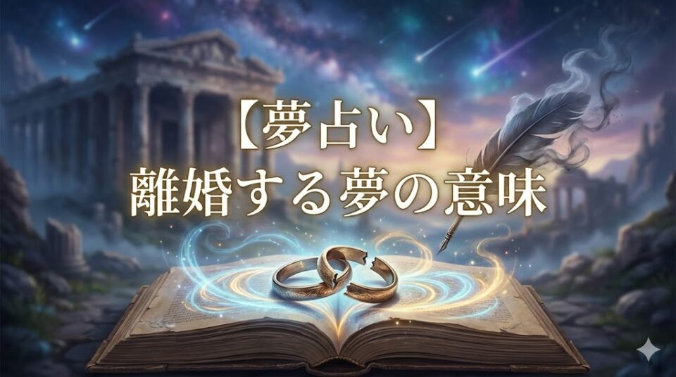 夢占い 離婚する夢の意味 アイキャッチ画像。崩壊した古代神殿と星空を背景
