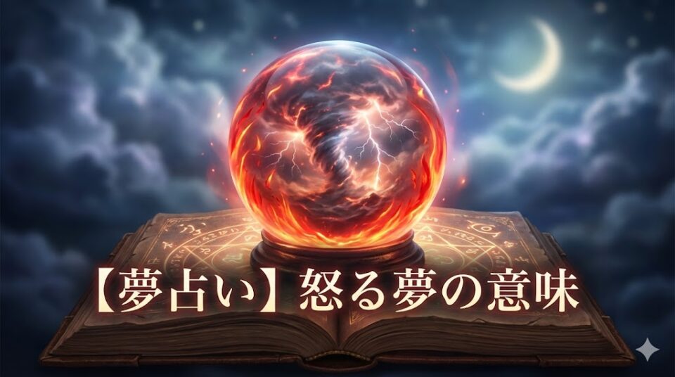 夢占い 怒る夢の意味 赤い嵐の水晶玉と魔法の本のアイキャッチ画像