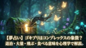 夢占い ゴキブリはコンプレックスの象徴?退治・大量・飛ぶ・食べる意味を心理学で解説。古い宝箱の鍵穴からコンプレックスの象徴である暗い影が、光り輝く蝶へと変化して飛び立つ幻想的なイラスト。