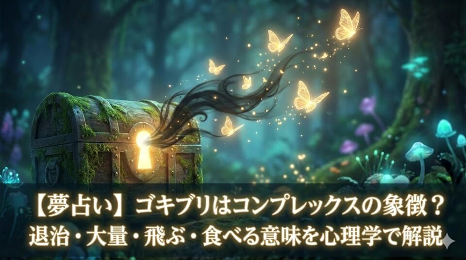 夢占い ゴキブリはコンプレックスの象徴?退治・大量・飛ぶ・食べる意味を心理学で解説。古い宝箱の鍵穴からコンプレックスの象徴である暗い影が、光り輝く蝶へと変化して飛び立つ幻想的なイラスト。