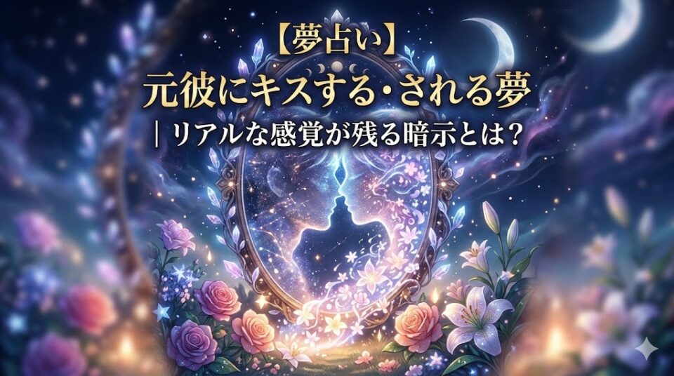 夢占いで元彼とキスする夢の暗示をテーマにした、幻想的なイラスト。