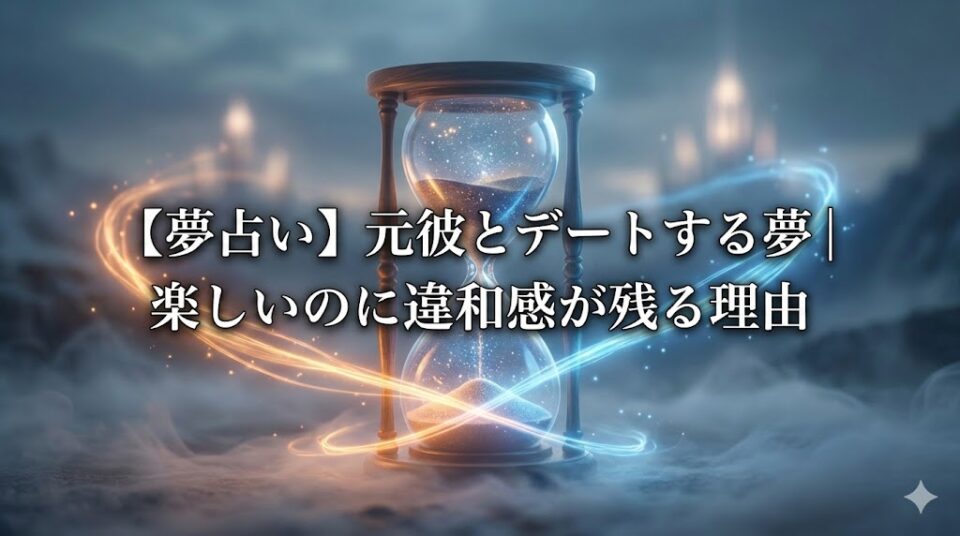 【夢占い】元彼とデートする夢|楽しいのに違和感が残る理由 タイトルテキスト入りの幻想的なイラスト。