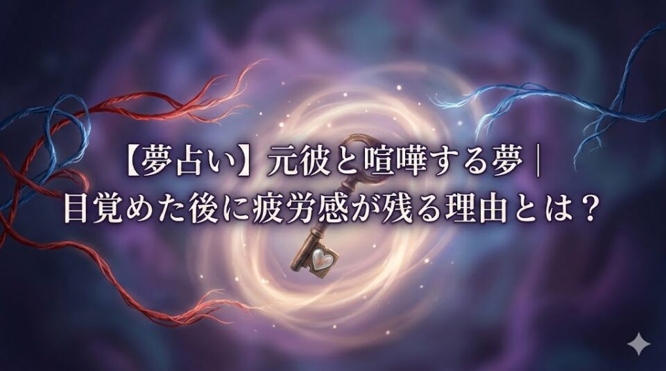 【夢占い】元彼と喧嘩する夢の意味と疲労感の理由を象徴する、解かれ始めた感情の糸と鍵、ガラスのハートの幻想的なイラスト