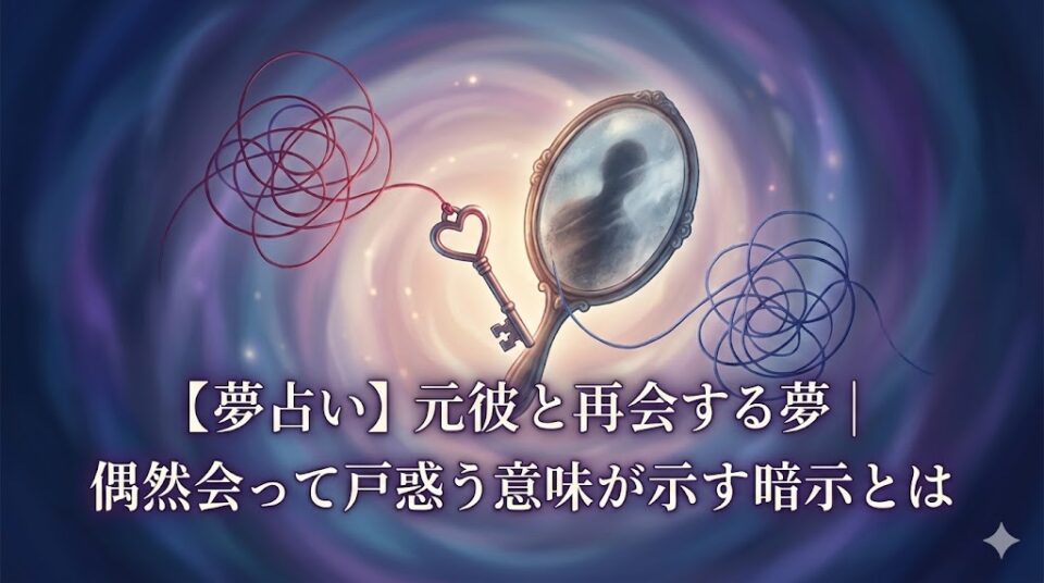 【夢占い】元彼と再会する夢の意味と戸惑いを象徴する、絡み合う糸と小さな鍵、曇ったアンティーク鏡の幻想的なイラスト