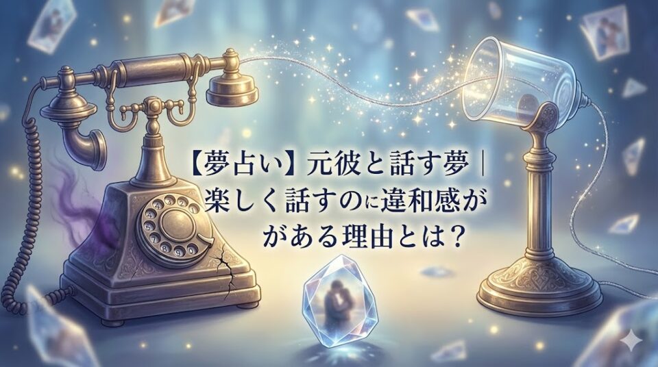 【夢占い】元彼と話す夢|楽しく話すのに違和感がある理由を象徴する、楽しげな糸電話と紫色の影が潜むアンティーク電話の幻想的なイラスト