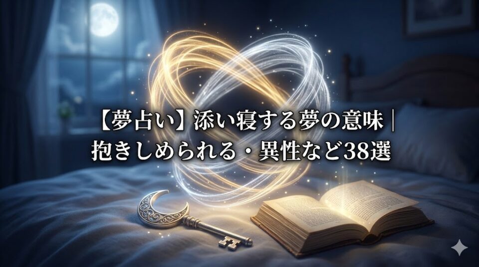 【夢占い】添い寝する夢の意味|抱きしめられる・異性など38選 幻想的な月の光の下で絡み合う光の繭と月の鍵、夢占い本のアイキャッチ画像