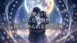 夢占い 知らない異性に抱きしめられる夢の意味 幻想的な夜空の下で抱き合う二人のシルエットと魔法の光