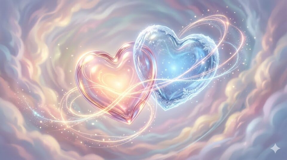 【夢占い】彼氏の夢の意味【感情・行動別】。幻想的な光の中で、二つの異なる質感のガラスのハート(温かさと冷たさ)が、絡み合った光の糸