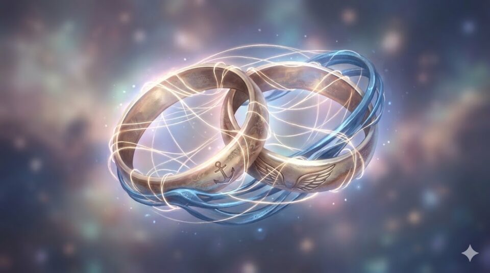 夢占い 結婚 プレッシャー 関係の変化 重なり合う指輪と見えない光の糸が織りなす幻想的な概念図