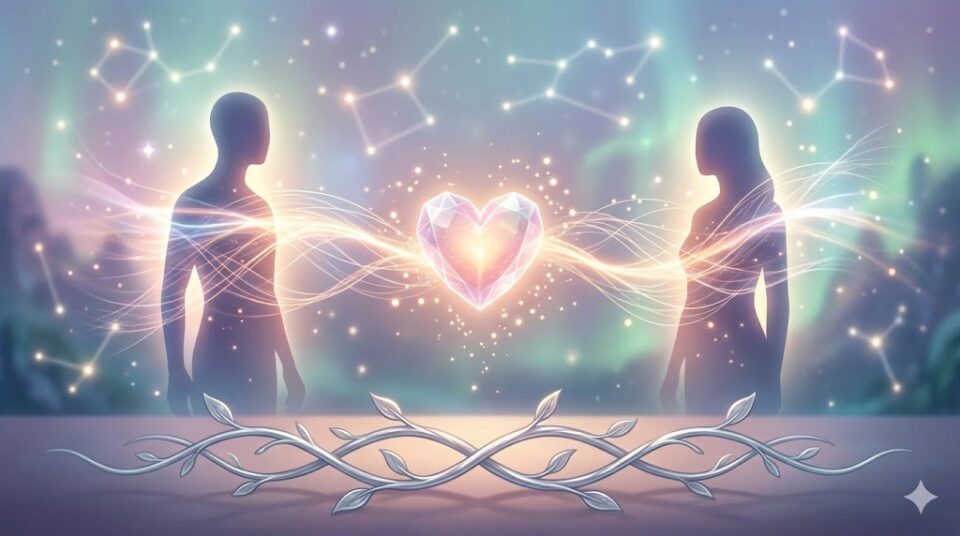 彼氏とキスする・される夢の見えない愛情を象徴する、光の糸で結ばれた二つのエネルギー体のイラスト