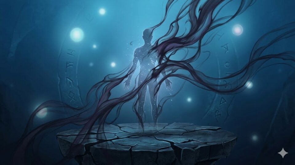 夢占い 彼氏に振られる夢 象徴 不安 自信低下 不確かな影に侵食される光の人間のシルエットのイラスト