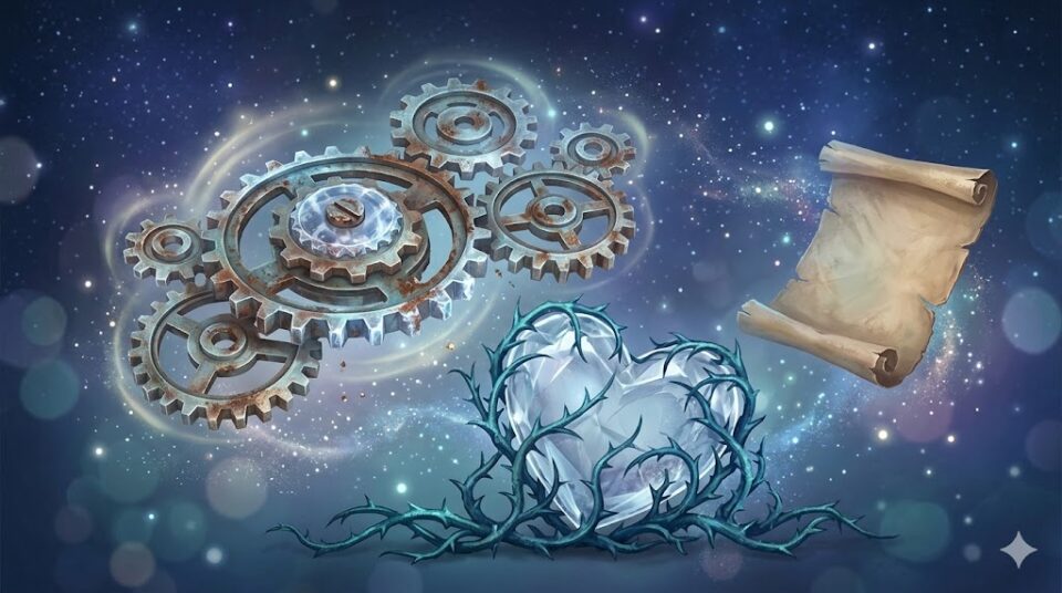 夢占い 彼氏 冷たい 象徴 すれ違い 不安 噛み合わない錆びた歯車と、霜に覆われるクリスタルの心のイラスト。