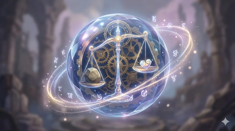 夢占い 仕事のプレッシャー 自己評価 天秤と水晶で描かれた抽象的な概念図