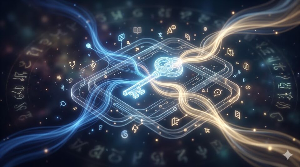 夢占い 上司と話す夢 象徴 コミュニケーションの現状と導き 2つの光が交じり鍵が生まれる概念図