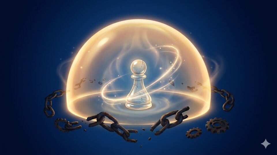 夢占い 上司に抱きしめられる夢 象徴 庇護への渇望と精神的な疲労 小さなガラスの駒を包む光のドーム概念図