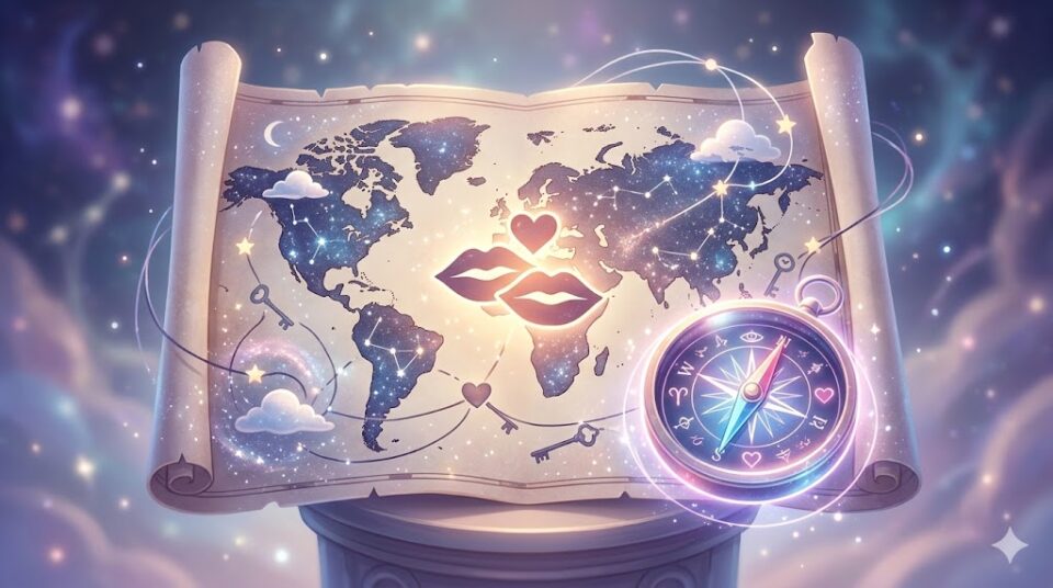 好きな人とキスする夢の意味を解き明かすための、神秘的な夢の地図と方位磁針を描いた幻想的なイラスト。