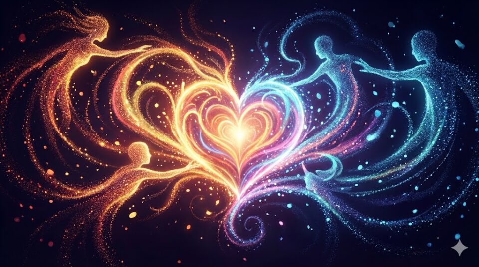 夢占い 付き合う夢感情 行動別 輝く心臓と光のシルエットのイラスト