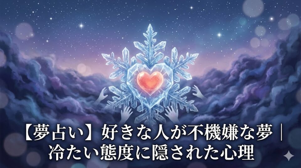 【夢占い】好きな人が不機嫌な夢のアイキャッチ画像。冷たい氷に閉じ込められたハートを不安な霧が見つめる。