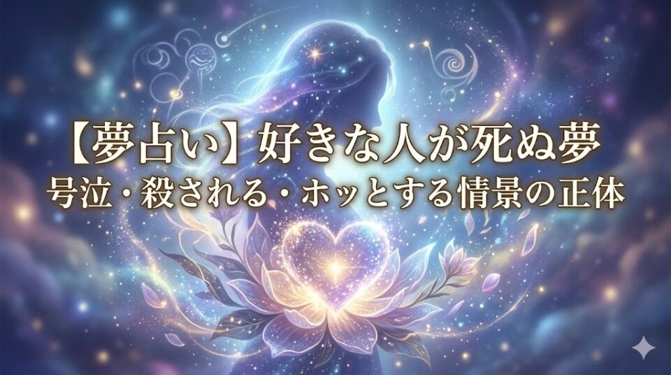好きな人が死ぬ夢を象徴する、光り輝く愛の結晶と抽象的な人物の消失を描いた幻想的なイラスト。
